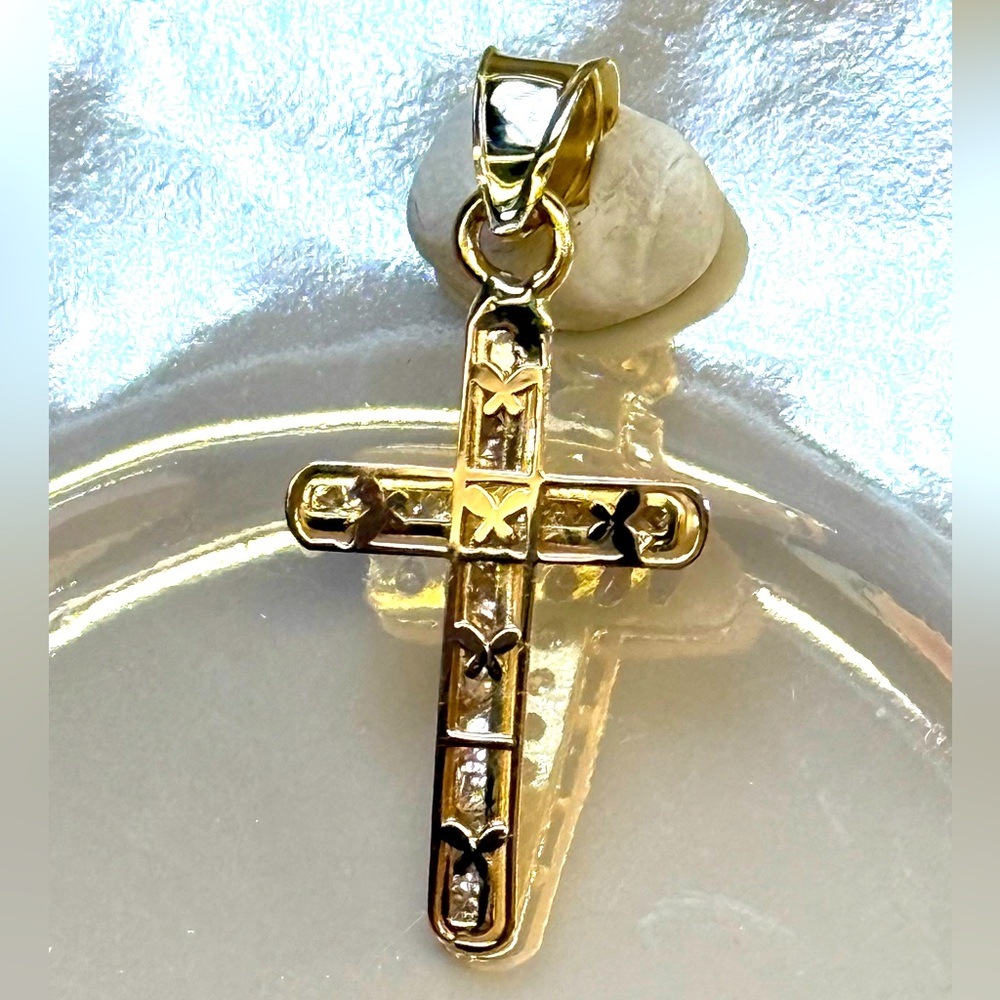 NTW1 SOLID GOLD Butterfly Cross, Two-Tone— Rose & Yellow Solid 10K Gold Pendant
